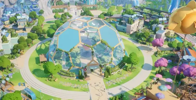 Aerial view of the glass Dome at the center of Loftia City
