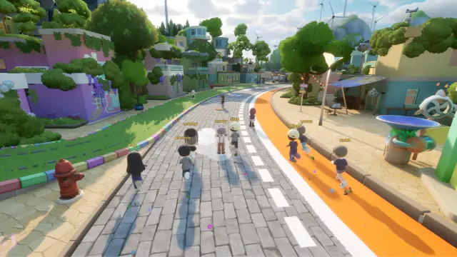 Players walking down a street in Loftia City