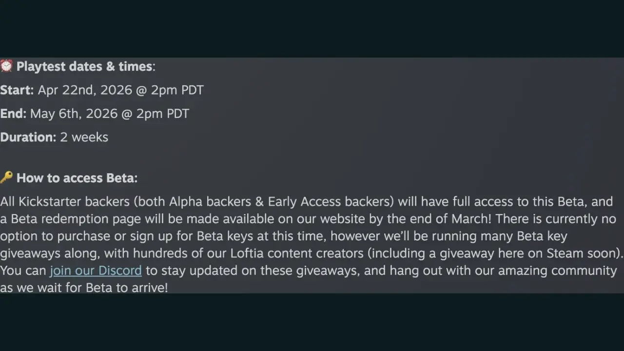 Historical April 22 to May 6, 2026 beta dates and access for Alpha and Early Access Kickstarter backers