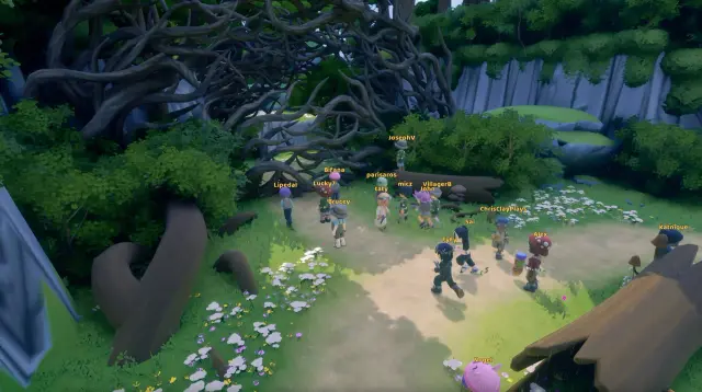 A group of Loftia players gathered in a forest clearing