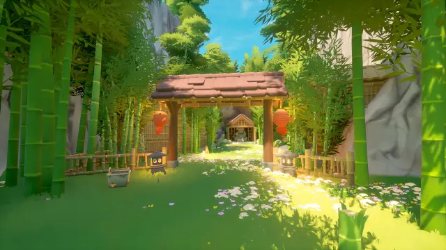 A sunlit bamboo garden gate in Loftia